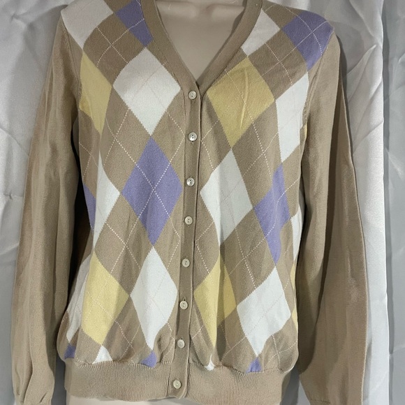 Brooks Brothers Women's Argyle Cardigan - Tan, Yellow, Purple - Picture 1 of 9